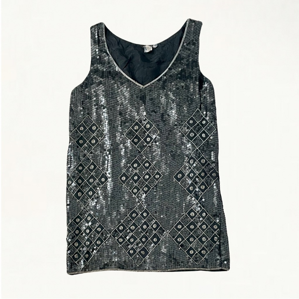 Vintage 100% Silk Full Sequin Geometric Beaded Sleeveless Top Size 12 - Picture 10 of 11